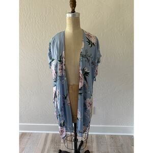 Whimsical Powder Blue Floral Tassel Fringe Kimono One Size Cottagecore Lagenlook